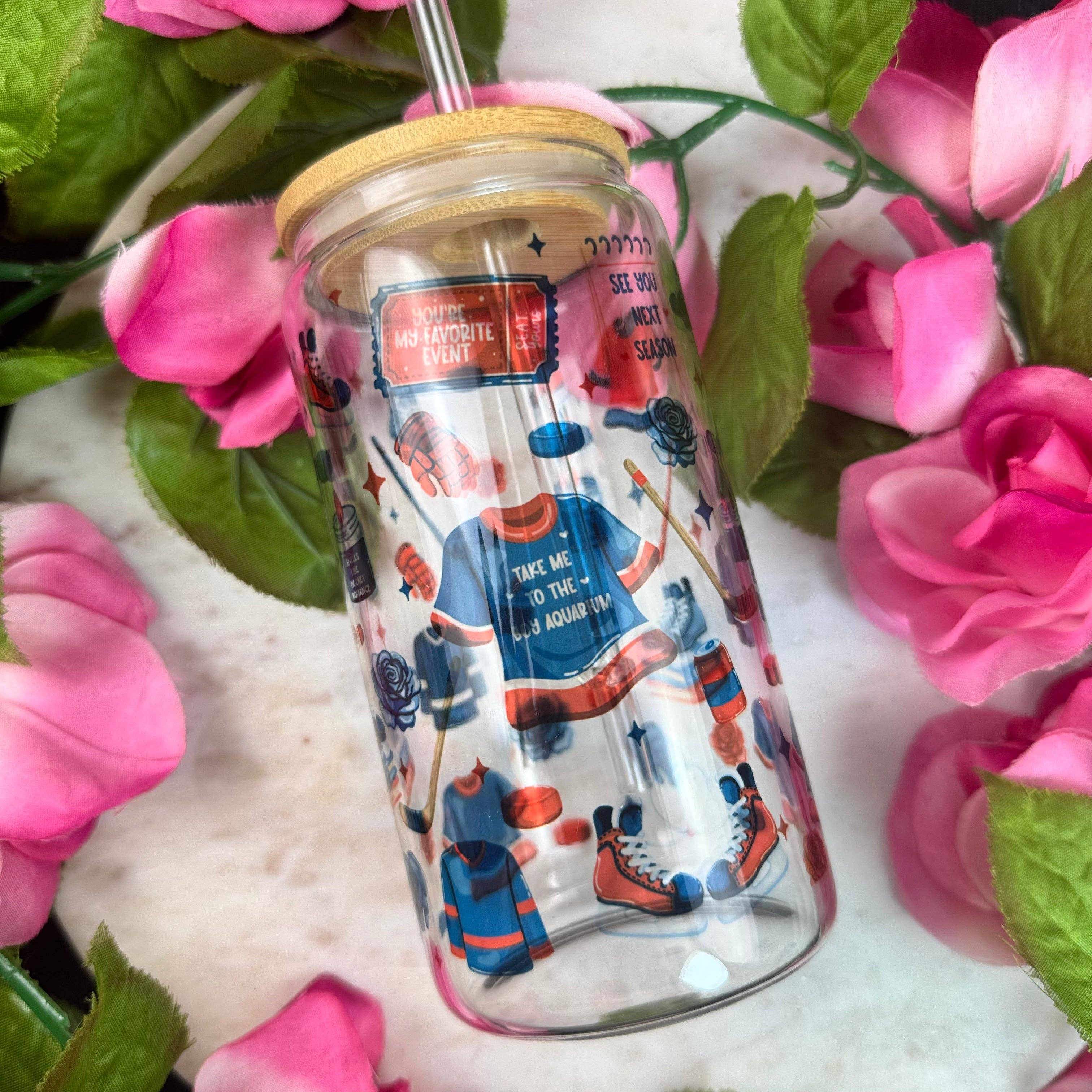 Hockey Romance Era Clear Glass Cup with Bamboo Lid & Straw