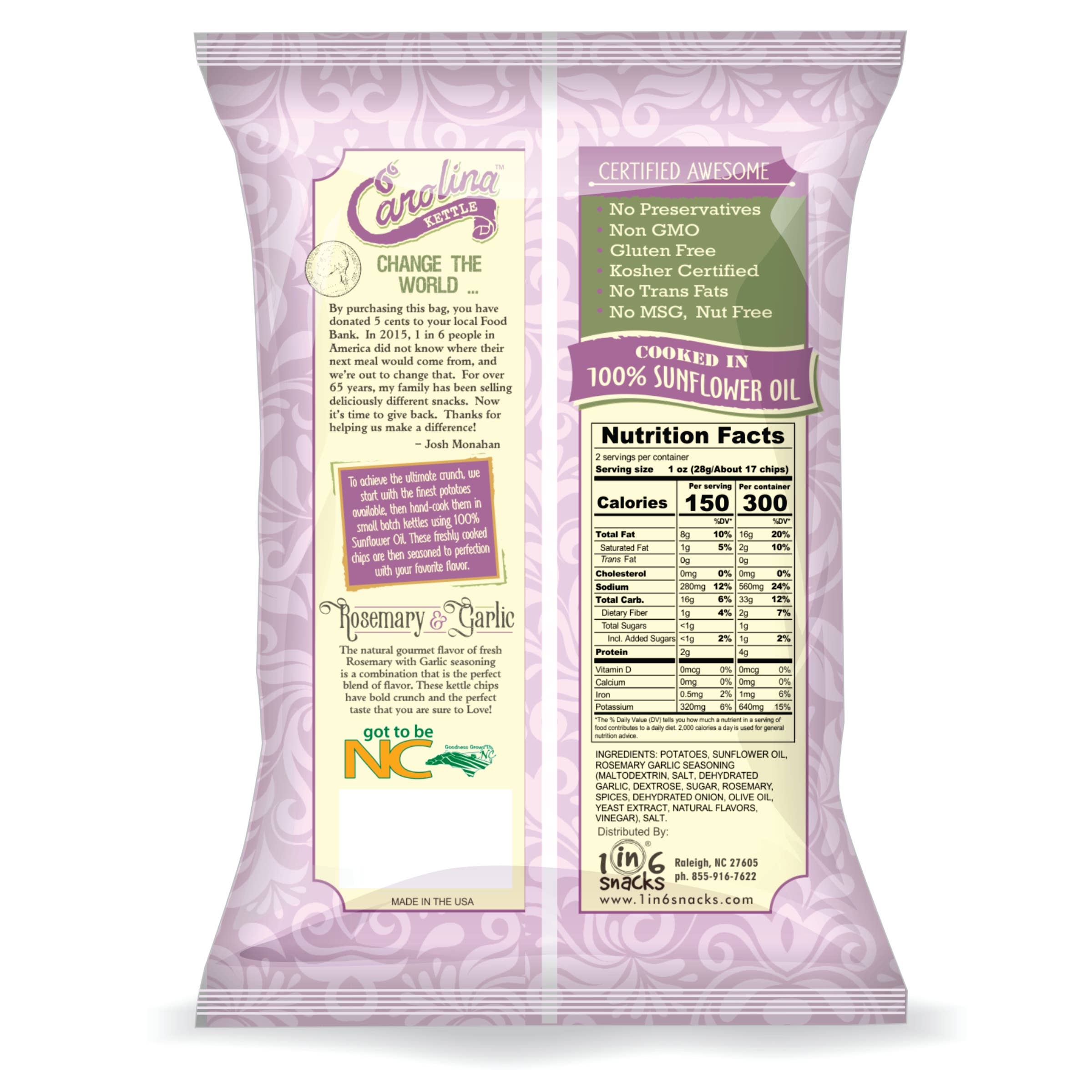 Rosemary & Garlic Carolina Kettle Potato Chips 2 oz Case(20)