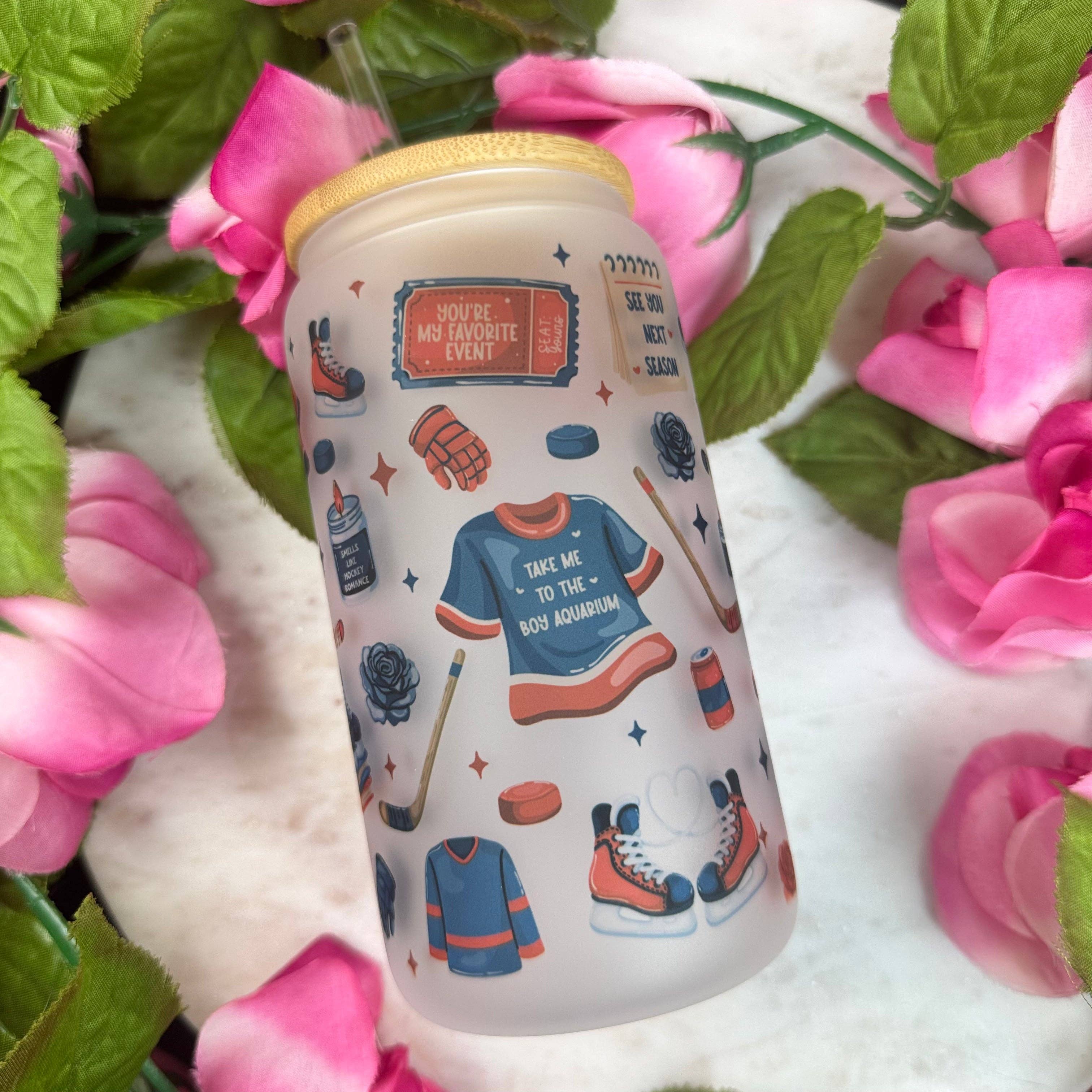 Hockey Romance Era Frosted Glass Cup with Bamboo Lid & Straw