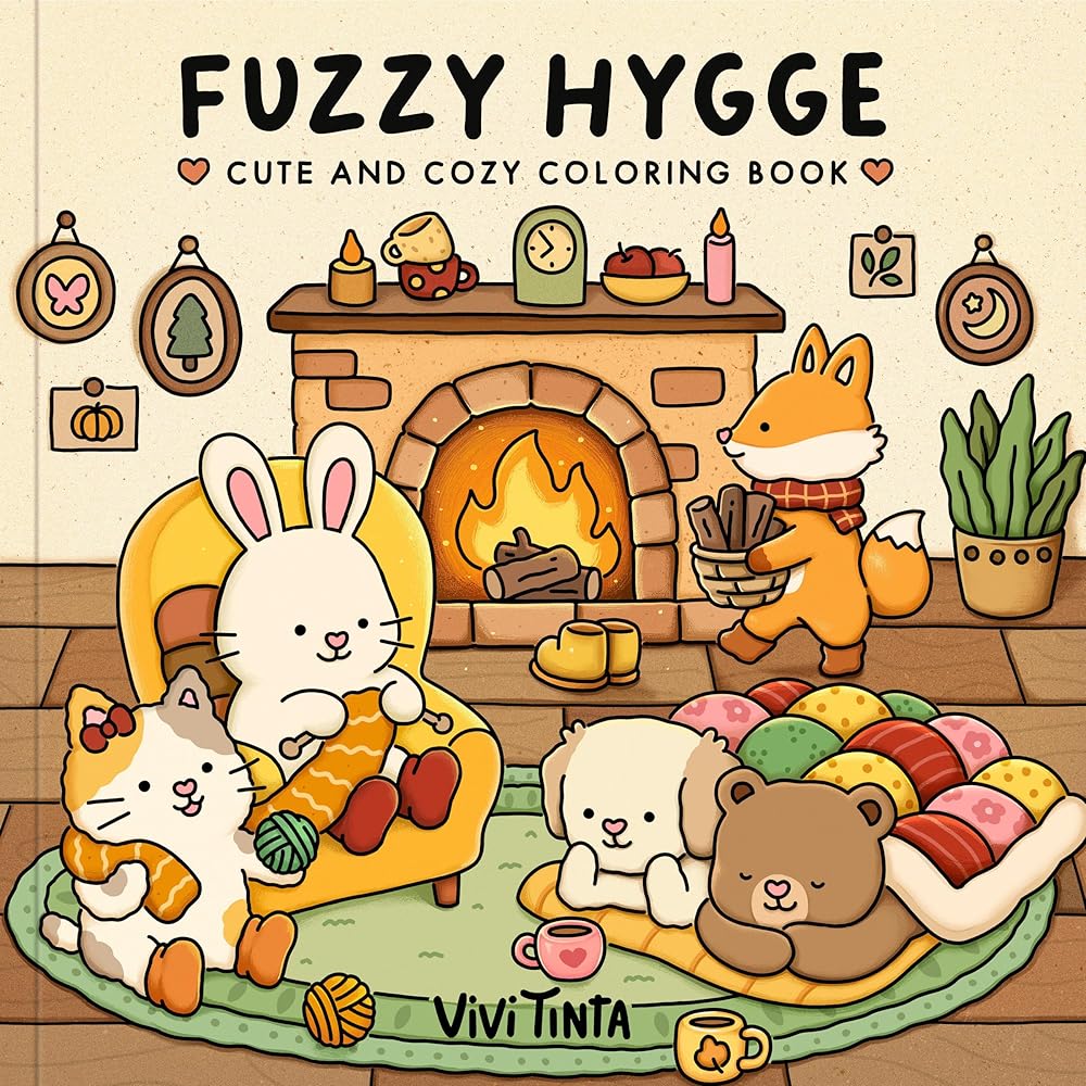 Fuzzy Hygge: Cute and Cozy Coloring Book for Adults & Teens Featuring Adorable Animals Characters for Stress Relief cover image