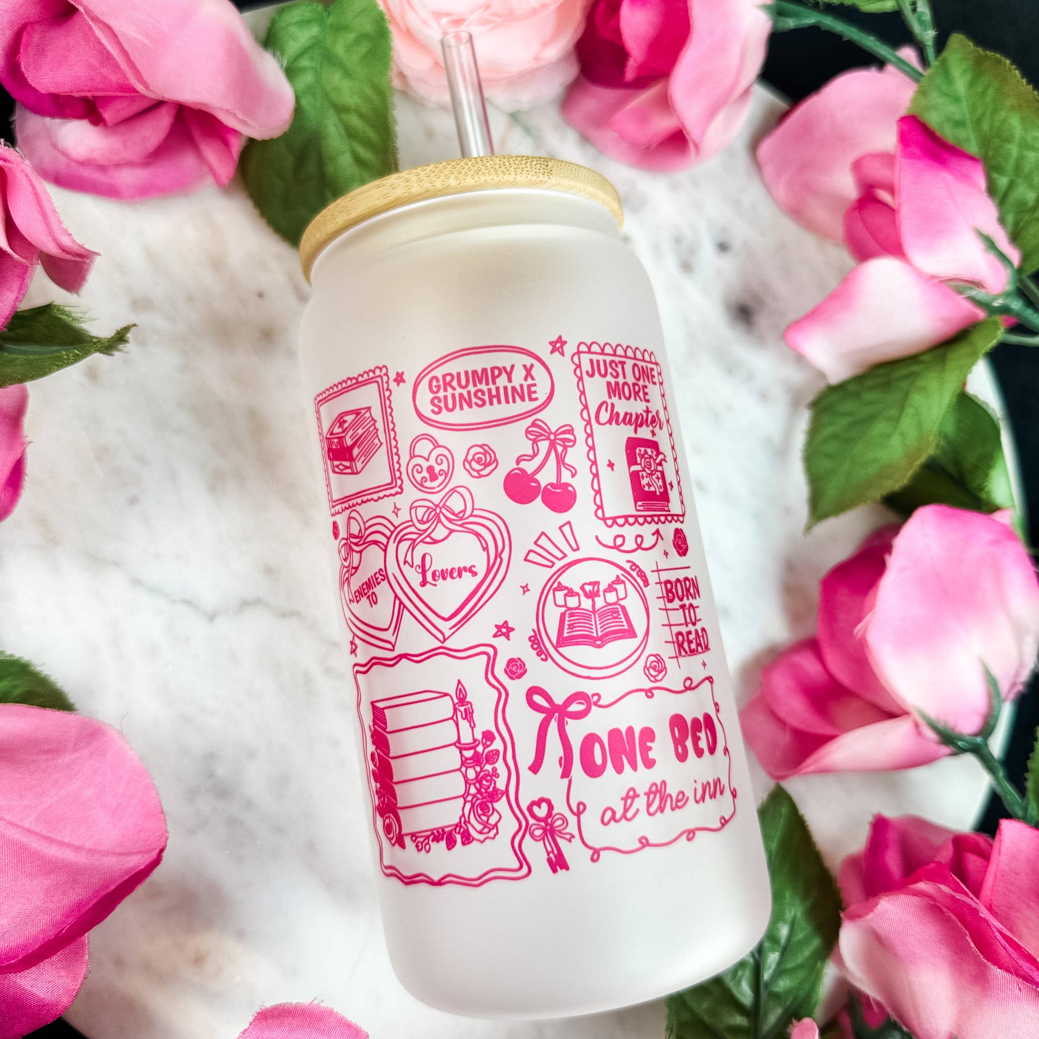Bookish Romance Tropes Frosted Glass Cup with Bamboo Lid & Plastic Straw