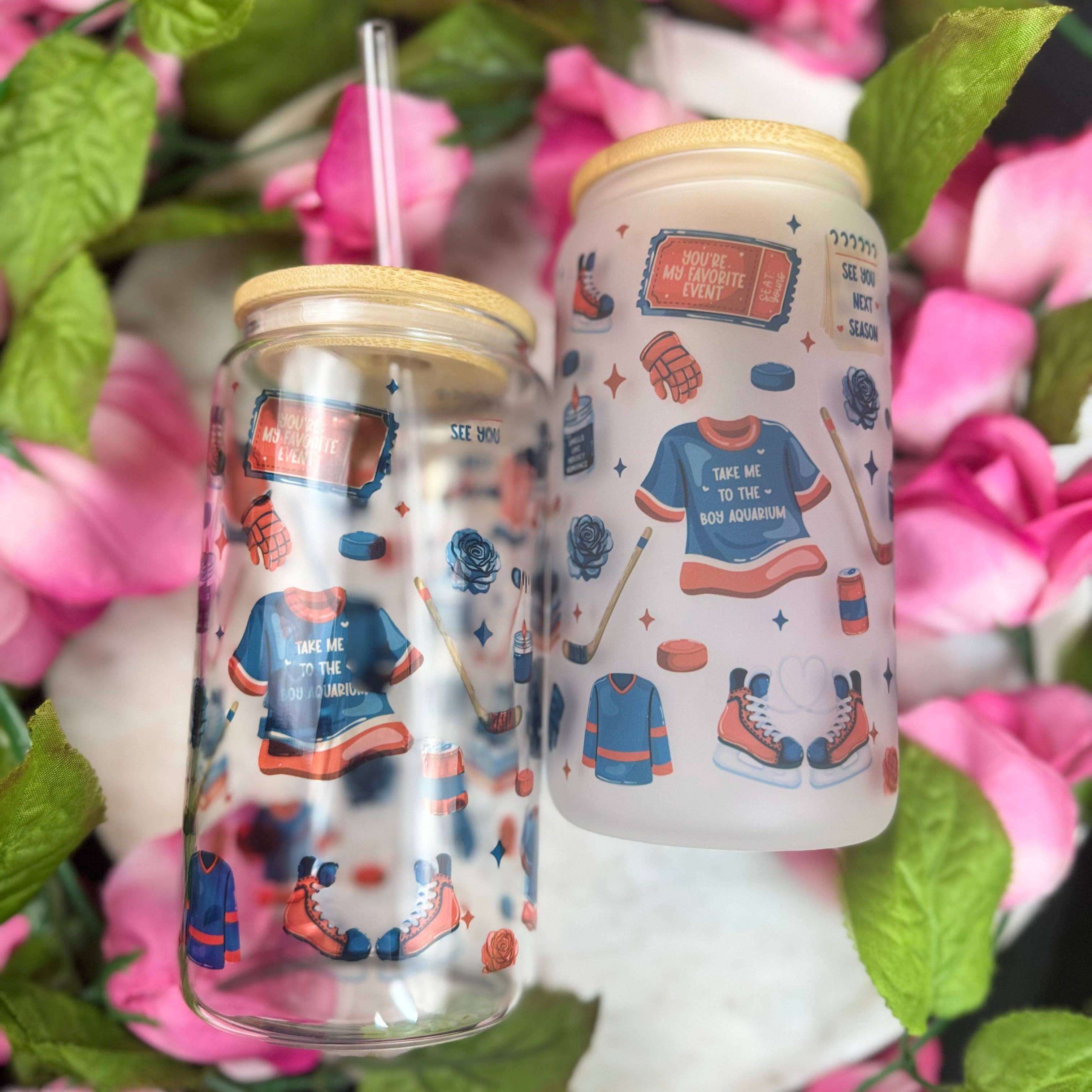 Hockey Romance Era Frosted Glass Cup with Bamboo Lid & Straw